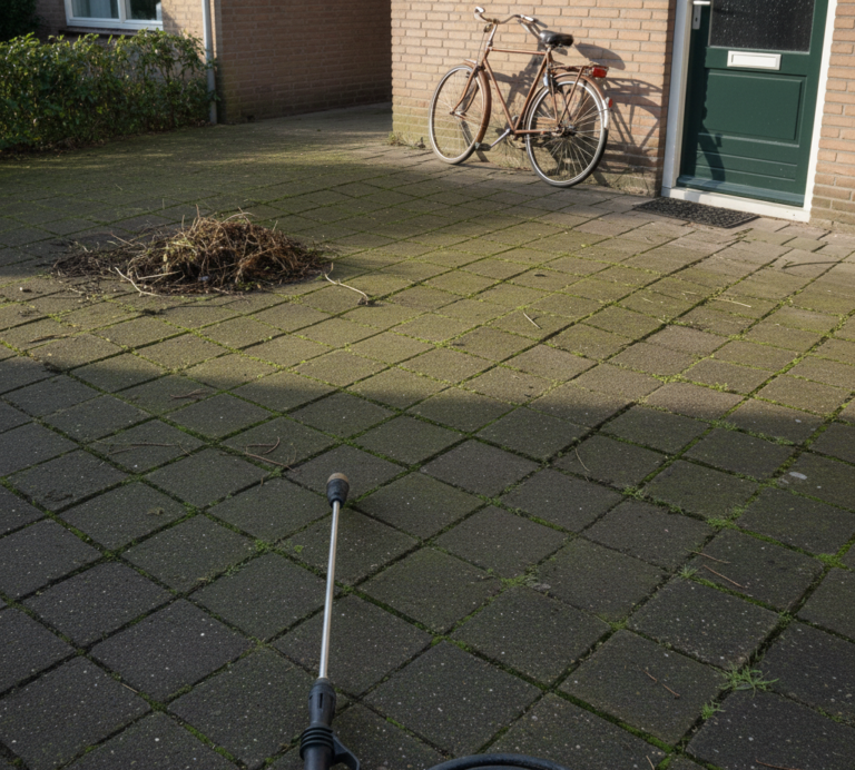 Professioneel oprit schoonmaken bedrijf verwijdert algen en aanslag van een klinkeroprit voor een fris resultaat.